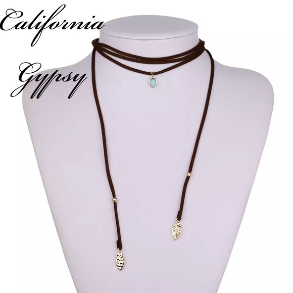 Boho western Gypsy hippie suede leaf stone choker - Picture 2 of 4